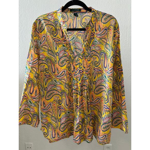 Lauren Ralph Lauren Top Blouse Plus Size 2X Paisley Print Cotton Yellow - Picture 1 of 3